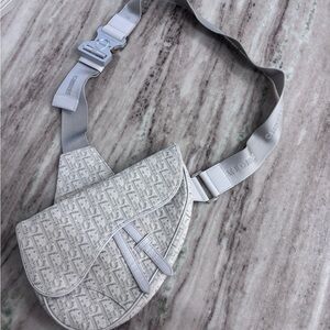 Dior White & Silver Oblique Saddle Belt Bag